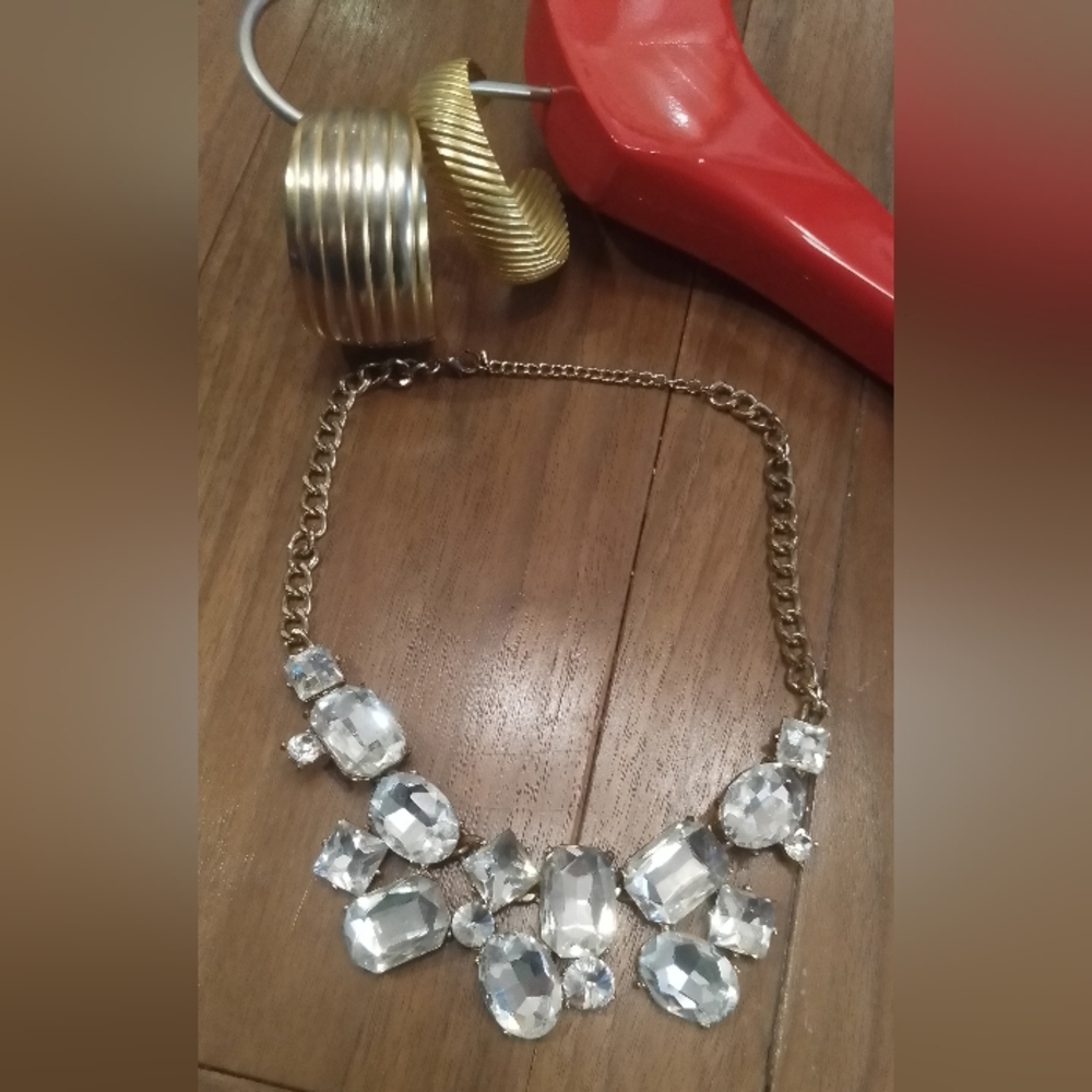 Costume Jewelry Bundle -2 Gold Tone Bracelets & Large Rhinestone Necklace